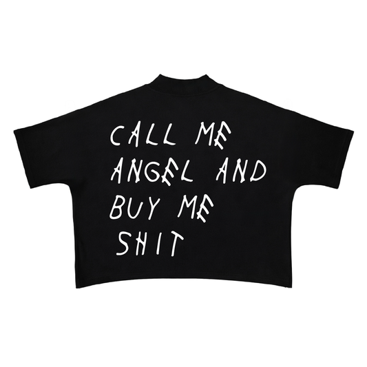 Toxic Halo Boxy Tshirt — 'Call Me Angel And Buy Me Shit' handwritten text, back view