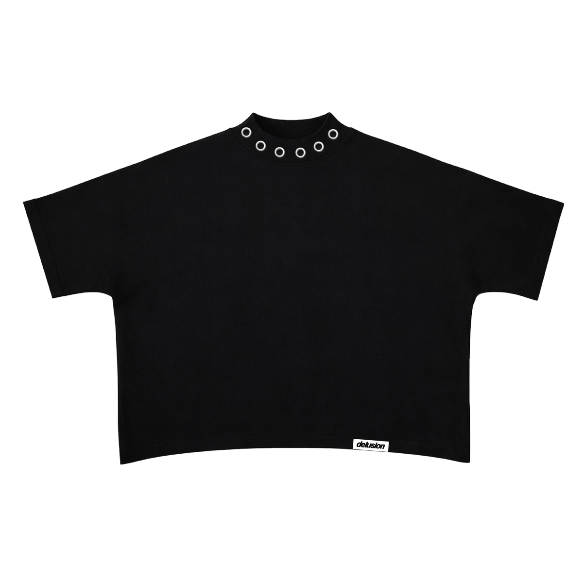 Black crop top with circular cutouts on a white background