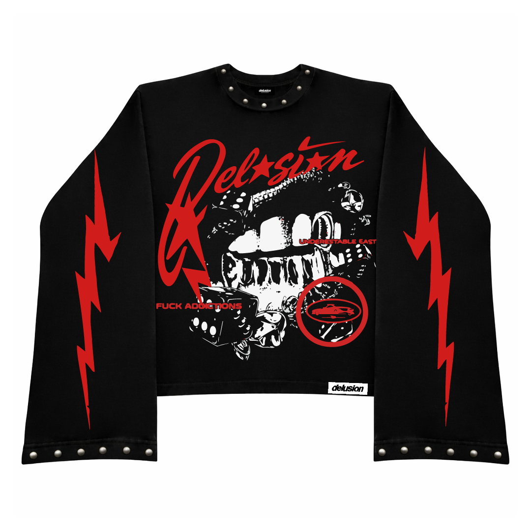 Black long-sleeve crop top with red graphics and text on a white background
