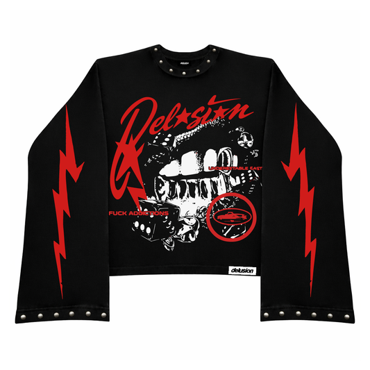 Black long-sleeve crop top with red graphics and text on a white background