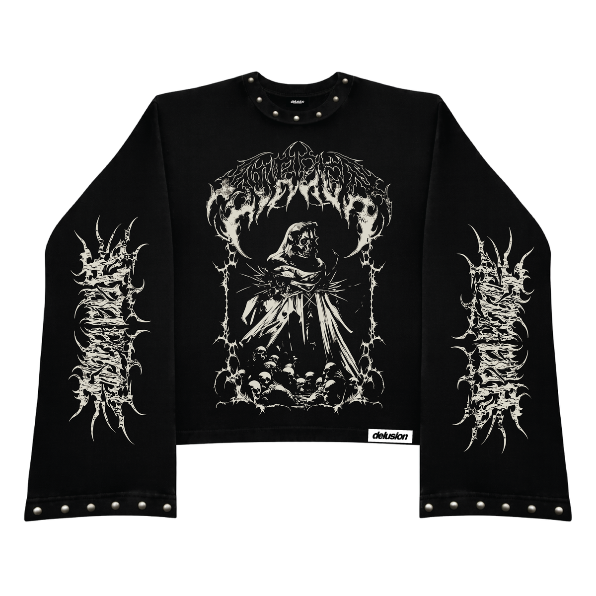 A black long-sleeve crop top sweatshirt featuring a large white gothic graphic of a hooded figure on the chest, flanked by matching white gothic text on both sleeves. The garment is detailed with silver metal studs along the collar, cuffs, and hem, and is presented flat against a solid white background.