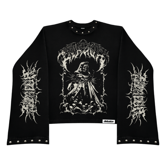 A black long-sleeve crop top sweatshirt featuring a large white gothic graphic of a hooded figure on the chest, flanked by matching white gothic text on both sleeves. The garment is detailed with silver metal studs along the collar, cuffs, and hem, and is presented flat against a solid white background.